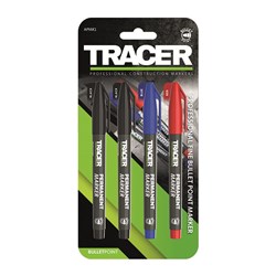 Tracer Permanent Marker Set | 4 Pack (2x Black / 1x Blue / 1x Red)