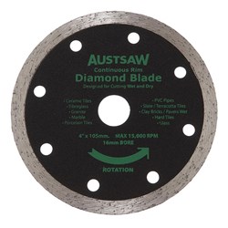 Austsaw - 103mm (4in) Diamond Blade Continuous Rim - 16mm Bore - Continuous