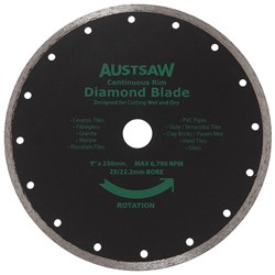 Austsaw - 230mm(9in) Diamond Blade Continuous Rim - 25/22.2mm Bore - Continuous
