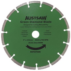 Austsaw - 230mm (9in) Diamond Blade Green Concrete - 25/22.2mm Bore - Green Concrete