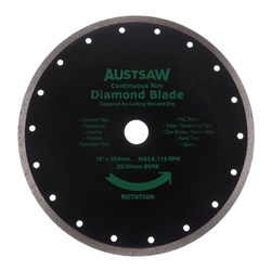 Austsaw - 250mm(10in) Diamond Blade Continuous Rim - 25/20mm Bore - Continuous