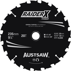 Austsaw RaiderX Timber Blade 235mm x 25 Bore x 20 T Bulk Pack (x20)