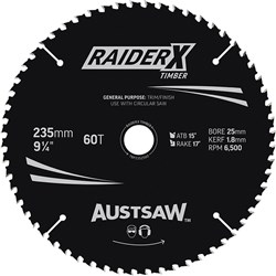 Austsaw RaiderX Timber Blade 235mm x 25 Bore x 60 T Thin Kerf