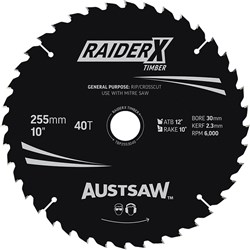 Austsaw RaiderX Timber Blade 255mm x 30 Bore x 25.4mm Bush 40 T Thin Kerf