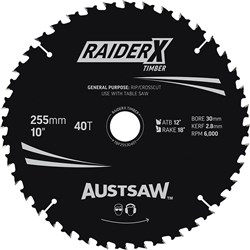 Austsaw RaiderX Timber Blade 255mm x 30 Bore x 25.4mm Bush 40 T Table Saw