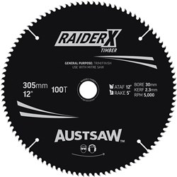 Austsaw RaiderX Timber Blade 305mm x 30 Bore x 25.4mm Bush 100 T Thin Kerf