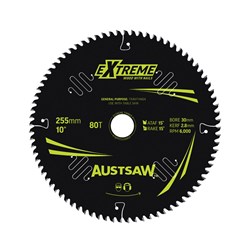 Austsaw Extreme: Wood with Nails Blade 255mm x 30 Bore x 80 T Thin Kerf