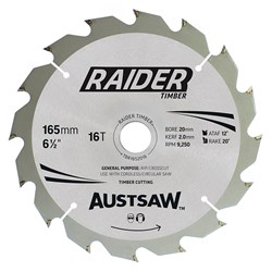 Austsaw Raider Timber Blade 165mm x 20 Bore x 16 T Thin Kerf