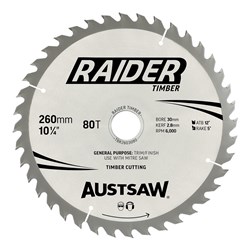Austsaw Raider Timber Blade 260mm x 30 Bore x 80 T Thin Kerf