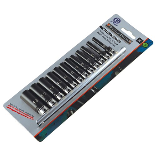 12 Piece 1/4 Drive 6-Point Metric, Deep Socket Set Dual Action