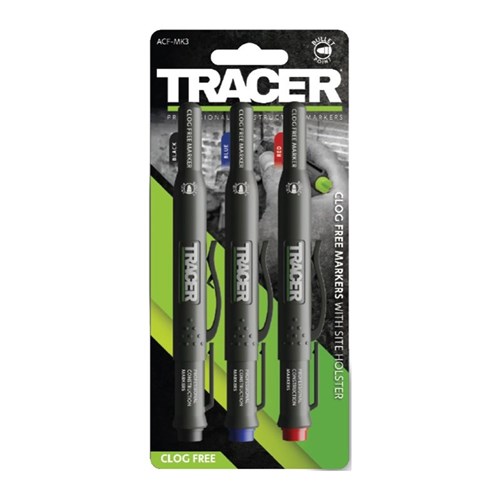 TRACER Clog Free Marker Set - 3pc pack (1x Black / 1x Blue / 1x Red) with Site Holsters.