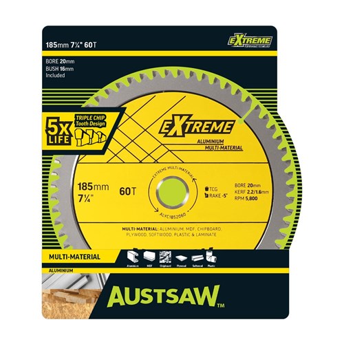 Austsaw - 185mm (7 1/4in) Aluminium Blade Triple Chip - 20/16mm Bore - 60 Teeth
