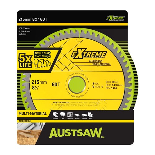 Austsaw - 215mm (8 1/2in) Aluminium Blade Triple Chip - 30mm Bore - 60 Teeth