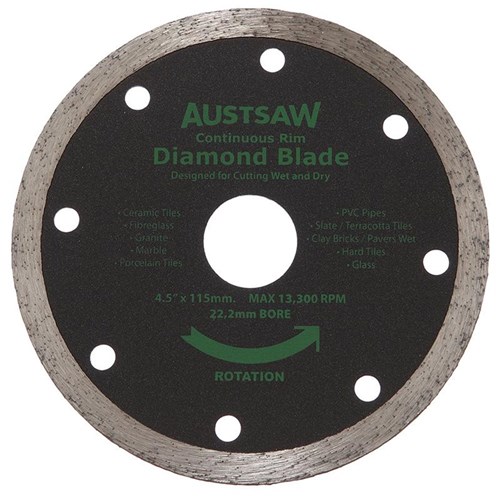 Austsaw - 115mm (4.5in) Diamond Blade Continuous Rim - 22.2mm Bore - Continuous