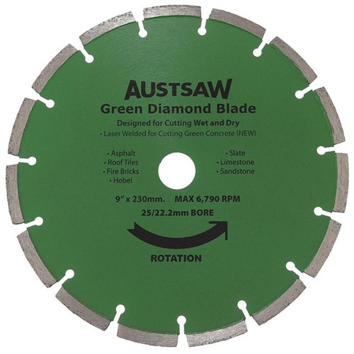 Austsaw - 230mm (9in) Diamond Blade Green Concrete - 25/22.2mm Bore - Green Concrete