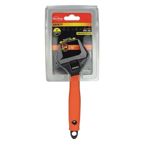 Wide Jaw Wrench 200mm (8'') L/H Thread Safety Nose with Orange Grip Carded