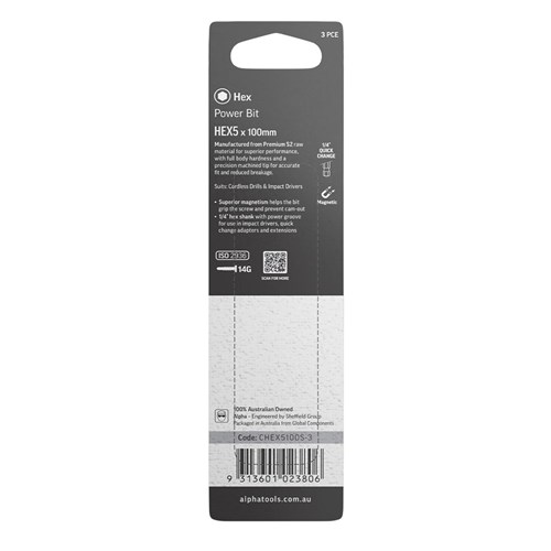 HEX5 x 100mm Power Bit Carded | 3 Pack