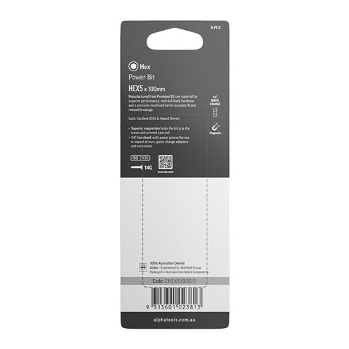 HEX5 x 100mm Power Bit Carded | 5 Pack