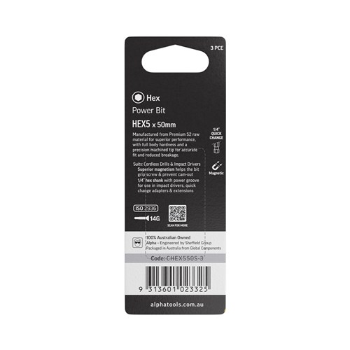 HEX5 x 50mm Power Bit Carded | 3 Pack