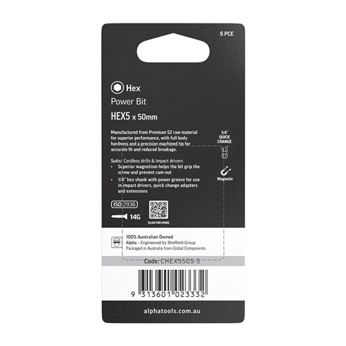 HEX5 x 50mm Power Bit Carded | 5 Pack