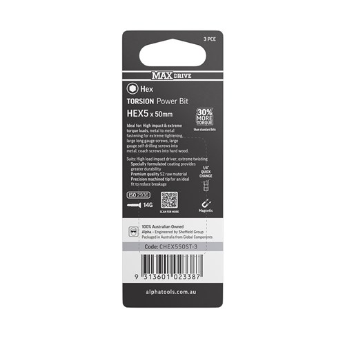 HEX5 x 50mm MAXdrive Torsion Power Bit Carded | 3 Pack