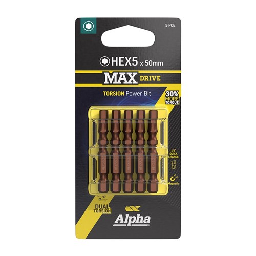 HEX5 x 50mm MAXdrive Torsion Power Bit Carded | 5 Pack