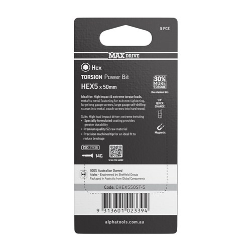 HEX5 x 50mm MAXdrive Torsion Power Bit Carded | 5 Pack