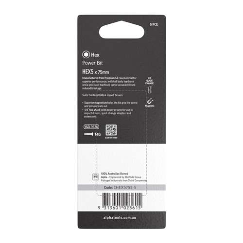 HEX5 x 75mm Power Bit Carded | 5 Pack