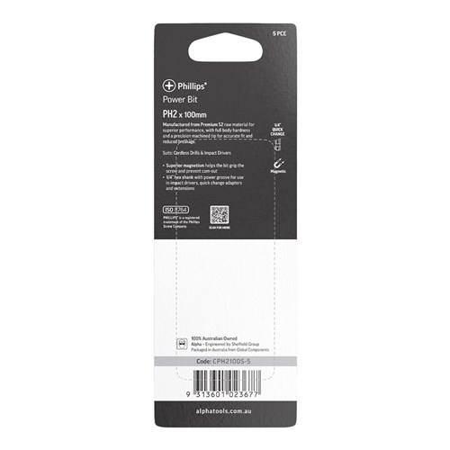 PH2 x 100mm Phillips Power Bit Carded | 5 Pack