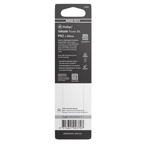 PH2 x 100mm MAXdrive Torsion Power Bit Carded | 3 Pack
