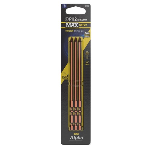 PH2 x 150mm MAXdrive Torsion Power Bit Carded | 3 Pack