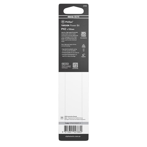 PH2 x 150mm MAXdrive Torsion Power Bit Carded | 3 Pack