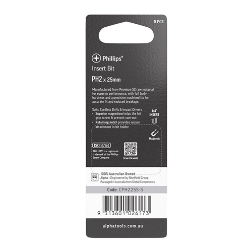 PH2 x 25mm Phillips Insert Bit Carded | 5 Pack
