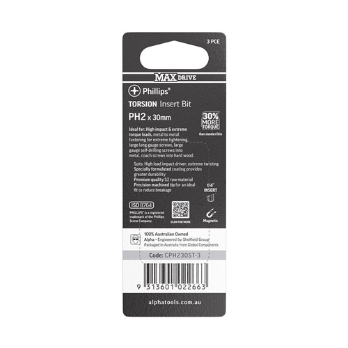 PH2 x 30mm MAXdrive Torsion Insert Driver Bit Carded | 3 Pack