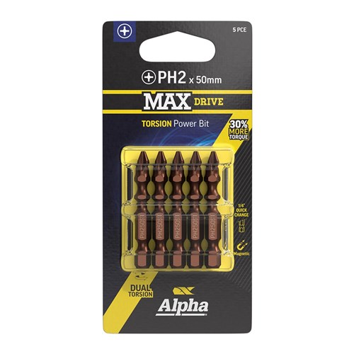 PH2 x 50mm MAXdrive Torsion Power Bit Carded | 5 Pack