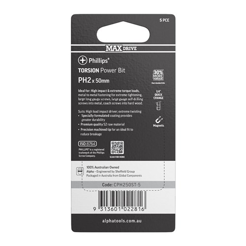 PH2 x 50mm MAXdrive Torsion Power Bit Carded | 5 Pack