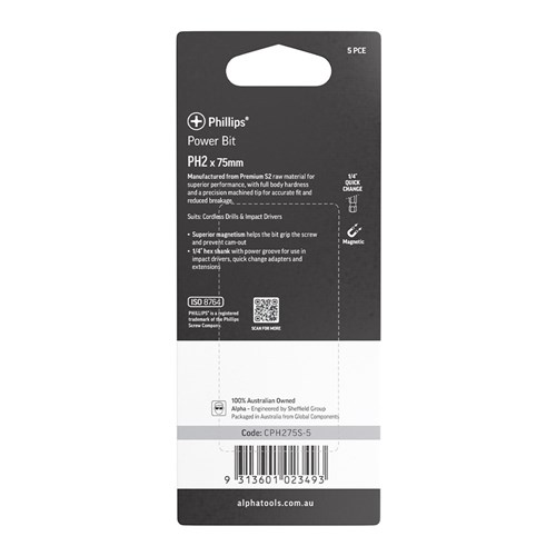 PH2 x 75mm Phillips Power Bit Carded | 5 Pack