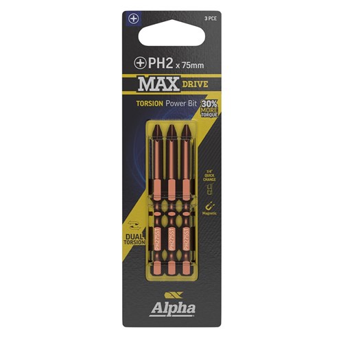 PH2 x 75mm MAXdrive Torsion Power Bit Carded | 3 Pack