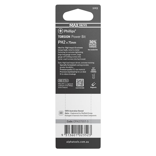 PH2 x 75mm MAXdrive Torsion Power Bit Carded | 3 Pack
