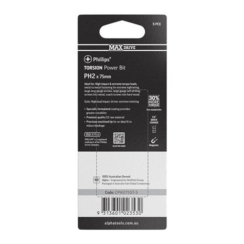 PH2 x 75mm MAXdrive Torsion Power Bit Carded | 5 Pack