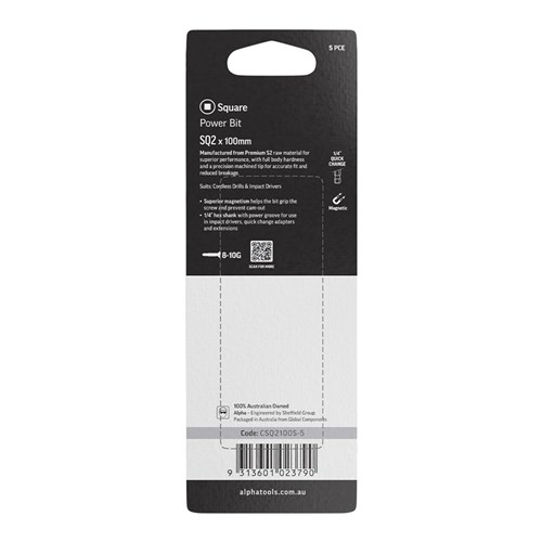 SQ2 x 100mm Power Bit Carded | 5 Pack