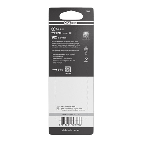 SQ2 x 100mm MAXdrive Torsion Power Bit Carded | 5 Pack