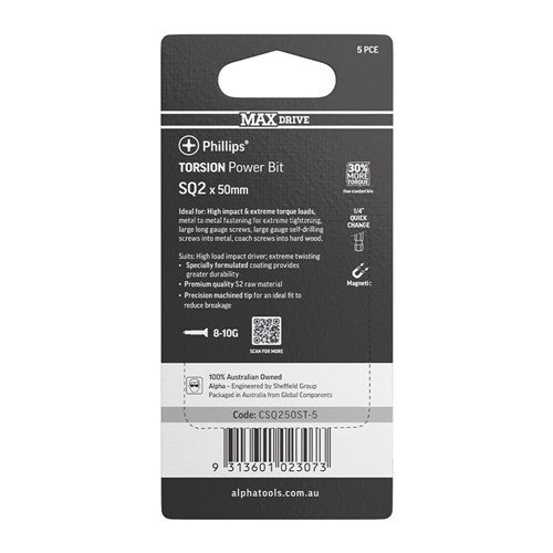 SQ2 x 50mm MAXdrive Torsion Power Bit Carded | 5 Pack