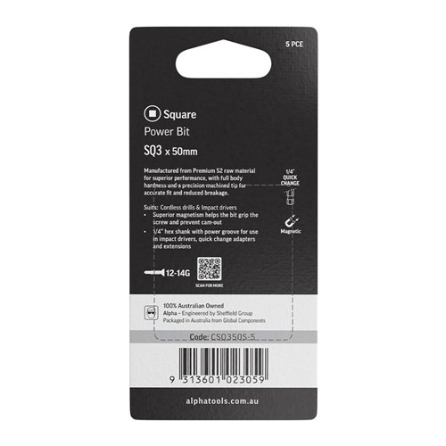 SQ3 x 50mm Power Bit Carded | 5 Pack