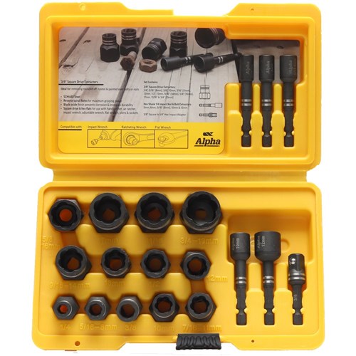 19 Pce | Alpha Damaged Nut and Bolt Extractor Set - 1/4in & 3/8in Drive Met/Imp