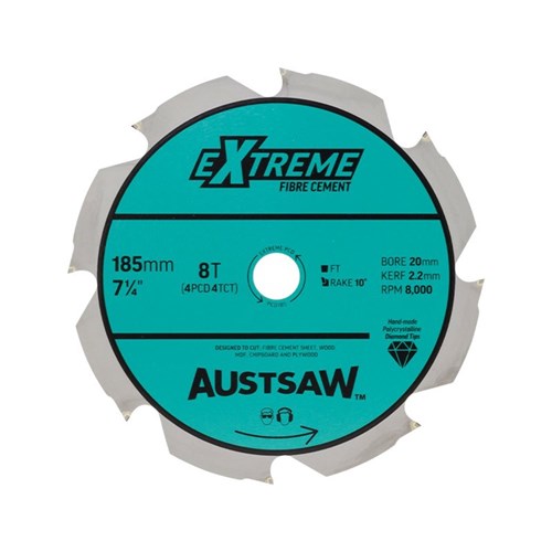 Austsaw - 185mm ( 7 1/4in) Polycrystalline Diamond Blade - 20/16mm Bore - 4PCD 4TCT Teeth