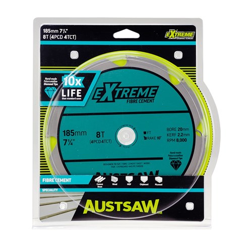 Austsaw - 185mm ( 7 1/4in) Polycrystalline Diamond Blade - 20/16mm Bore - 4PCD 4TCT Teeth