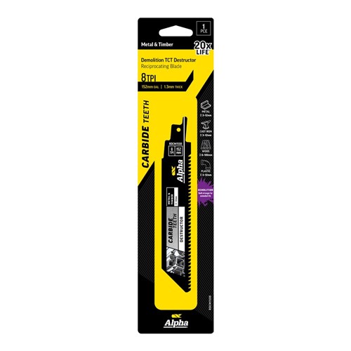 Alpha Carbide Teeth TCT Destructor Metal & Timber Recip Blade | 8 TPI - 152mm