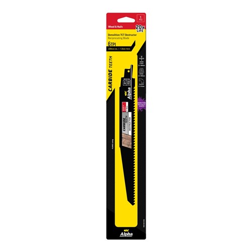 Alpha Carbide Teeth TCT Destructor Wood & Nails Recip Blade | 6 TPI - 228mm