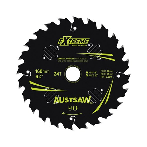Austsaw Extreme: Wood with Nails Blade 160mm x 20/16 Bore x 24 T Thin Kerf